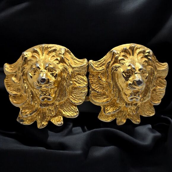 Retro Gold Tone 2-Piece Roaring Lion Head Metal Belt Buckle Vintage Collectable